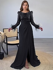 levne černý-A-Linie flitrové večerní šaty elegantní šaty formální dlouhá délka dlouhý rukáv iluzorní výstřih šampaňské matka nevěsty šaty s peřím perly přídavný sukně maskovací šaty