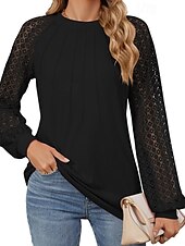 cheap Lace Tops-Women&#039;s White Elegant Lace Tops Eyelet Blouse Fashion Casual Lace Mesh Long Sleeve Regular Tops Crew Neck Daily Romantic Petite Tops Summer Holiday Wear Black White Pink Blue Summer Spring Fall