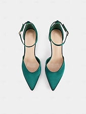 cheap Semi-Formal-Women&#039;s Emerald Green Satin Ankle Strap Heels - Elegant Pointed-Toe Stiletto for Parties, Weddings, and Special Occasions