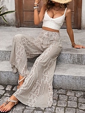 baratos perna larga e cintura alta-Mulheres Calças Moda Roupa de rua Comprimento total Cintura Alta Côr Sólida Bloco de cor Bolsos Com Laço Conforto Respirabilidade Macio Micro-Elástica Férias Rua Diário Adamascado Preto Vermelho Azul