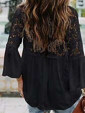 cheap Lace Tops-Women&#039;s White Elegant Lace Tops Eyelet Blouse Stylish Modern Lace Bell Sleeve 3/4 Length Sleeve V Neck Work Daily Black White Purple Green Spring Fall
