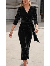 abordables Robe noire-robe noire en velours pour femme, robe longue froncée, unie, col en V, manches longues, coupe ajustée, printemps automne, noir