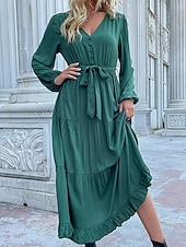 abordables Robes de travail-Robe unie Femme Robe Maxi Lacet Ruché Plein Air Rendez-vous Décontractées Col V manche longue Ample Bleu Orange Vert S M L XL