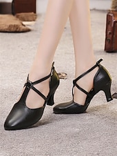 economico Scarpe per balli latini-scarpe da ballo in similpelle nera con cinturino incrociato – comode scarpe col tacco da ballo latino e da sala da ballo da donna
