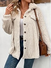 billiga Sherpa-jackor-Dam Fleece-jacka Teddyrock Håller värmen Andningsfunktion Knappar Ficka Ledigt Slät Semester Gata Dagliga kläder Utekväll Enkelknäppt Normal Nedvikt Normal Långärmad Ytterkläder Aprikos Höst Vinter