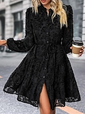 economico vestito nero midi-Per donna Abito semplice Vestito longuette Pizzo Pulsante Vintage Informale Colletto Manica lunga Nero Bianco Verde Colore