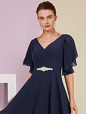 preiswerte Bodenlänge-A-Linien Kleid für die Mutter der Braut Formal Hochzeitsgast Eleganter V-Ausschnitt Tee-Länge Chiffon Spitze Kurzarm mit Applikationen Kristallbrosche 2025 kostenlose Maßanfertigung