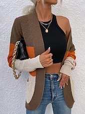abordables Cardigans et vêtements d&#039;extérieur-Femme Gilet Cardigan Pull décontracté Décontractées Flexible Bloc de couleur Col V Tricoté manche longue Hauts réguliers Tricoter Extérieur du quotidien Fin de semaine Bleu Marron Automne Hiver
