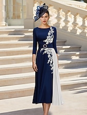 preiswerte Bodenlänge-A-Linie Mutter der Braut Kleid Elegant Einfach Juwel-Ausschnitt Tee-Länge Stretch-Chiffon Stretchstoff 3/4-Länge Ärmel mit Perlen-Applikationen Blume 2025 kostenlose Maßanfertigung