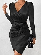 abordables mini robe noire-robe noire Robe unie Robe de cocktail noire Femme Mini robe Ruché Plein Air Rendez-vous Décontractées Col V manche longue Standard Argent Noir Rouge S M L XL 2XL