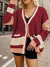 voordelige Vesten en bovenkleding-Dames Vest Stijlvol Effen Kleur Open voorzijde Zak Drop Shoulder Lange mouw Lange tops breien Dagelijks Uitgaan Rood Herfst Winter