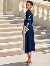 preiswerte Bodenlänge-A-Linie Mutter der Braut Kleid Elegant Einfach Juwel-Ausschnitt Tee-Länge Stretch-Chiffon Stretchstoff 3/4-Länge Ärmel mit Perlen-Applikationen Blume 2025 kostenlose Maßanfertigung