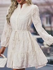 economico vestito nero midi-Per donna Abito semplice Vestito longuette Pizzo Pulsante Vintage Informale Colletto Manica lunga Nero Bianco Verde Colore