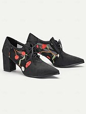 billige Block Heels-kvinners vintage-stil svarte blomsterbroderte blondehæler - perfekt for formelle arrangementer og kveldsklær