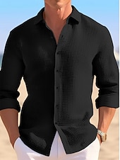 cheap Men&#039;s Button Up Shirts-Men&#039;s Shirt Waffle Shirt Summer Shirt Casual Shirt Button Up Shirt Untucked Shirts Black White khaki Light Blue Long Sleeve Plain Lapel Vacation Daily Clothing Apparel Cotton Fashion Casual