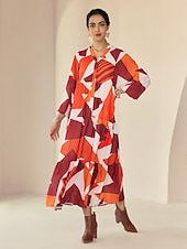 abordables Robes décontractées-Robe longue décontractée à col en Y en mousseline de soie à motifs géométriques