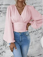 billige Dressy topper-Dame Bluse Helfarge Stilfull Moderne Langermet Klokke V-hals Arbeid Daglig Rynket Svart Hvit Rosa Grønn Vår Høst Vinter