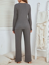 abordables Conjuntos de dos piezas-Conjunto de pijama para mujer, ropa de estar por casa, de punto gofre, informal, cómodo, para el hogar, para la cama, transpirable, con escote en V, manga corta, pantalón, primavera, otoño, negro,