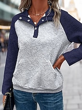 olcso Texturált kapucnis pulóverek és melegítők-női pulóver alkalmi utcai dailywear v nyak patchwork gombok zseb hosszú ujjú sötétkék ősz tél
