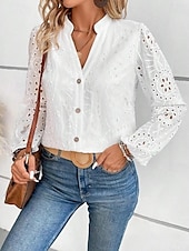 economico Top in Pizzo-camicetta da donna in cotone elegante moderna tinta unita ricamata traforata manica a lanterna manica lunga top normali scollo a V quotidiano bianco primavera autunno inverno