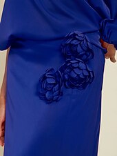 economico Women&#039;s Sets-Set di due pezzi per invitati al matrimonio in raso, collo slash floreale, maniche a Giulietta, gamba larga