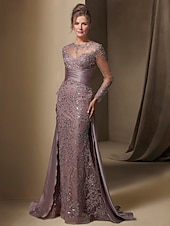 economico BLU-Abito da festa sirena Madre della Sposa Abito Ospite di matrimonio Elegante Collo gioiello Treno a strascico  spazzola Stretch raso Manica lunga con pizzo paillettes arricciato per impressionare 2025
