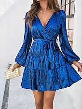 cheap Cocktail Dress-Women&#039;s Layered Bow Waist Dress Mini Dress Puff Sleeve Elegant Classic Plain V Neck Long Sleeve Wedding Guest Cocktail Party Spring Fall Black Blue
