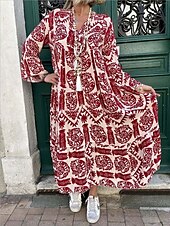 levne Boho šaty-Dámské Maxi šaty Boho šaty Elegantní stylové Dovolená Denní Běžný Grafika Dlouhý rukáv Košilový límec Rubínově červená Vodní modrá Trávová zelená Léto Jaro Podzim
