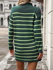 olcso Kötött ruhák-Női Pulóverruha Alkalmi Csíkos Mock Neck Nyomtatott Hosszú ujj Normál felsők Kötött Munka Napi Fehér / Fekete Lóhere Ősz Tél