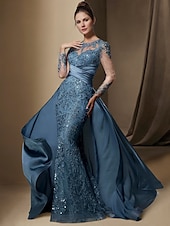 economico BLU-Abito da festa sirena Madre della Sposa Abito Ospite di matrimonio Elegante Collo gioiello Treno a strascico  spazzola Stretch raso Manica lunga con pizzo paillettes arricciato per impressionare 2025