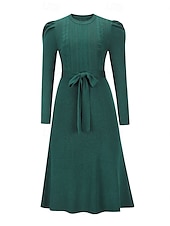preiswerte Strickkleider-Damen Pullover Kleid Modisch elegante kleider Feste Farbe Gerippt Rundhalsausschnitt Strick Langarm Normale Oberteile Stricken Arbeit Täglich Schwarz Grün Herbst Winter