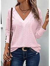 billiga Spets toppar-damblus elegant snygg modern ihålig långärmad vanliga toppar v-ringad arbete dagligen svart vit rosa brun vår höst vinter