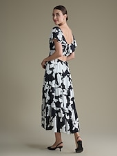 preiswerte Lässiges Kleid mit Aufdruck-Geblümtes Kleid aus Tencel-Mischung mit elastischem Bund und V-Ausschnitt