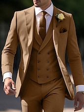 abordables Trajes de boda-De los hombres Boda Boda de otoño Trajes Pico Amarillo Claro Marrón Color sólido Ajustado Juego de 3 piezas Recto 2 botones