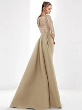 preiswerte SCHWARZ-Sheath Abendkleid Elegantes Kleid Formell Sweep  Brush Zug Lange Ärmel Illusion Hals Champagner Mutter der Braut Kleid Satin mit Perlen Maskerade Kleid