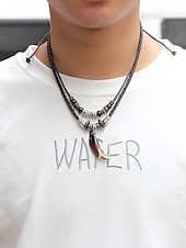 economico Gioielli da uomo-collana con ciondolo a forma di ancora multistrato da uomo - corda satinata, calcoli biliari neri, perline di legno e lega, lunghezza regolabile, stile nautico per abbigliamento casual e da spiaggia
