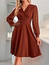 cheap Midi Black Dress-Women&#039;s Black Dress Mini Dress Ruched Mesh Wedding Guest Cocktail Party Elegant V Neck Long Sleeve Bishop Sleeve Black Brown Green Color