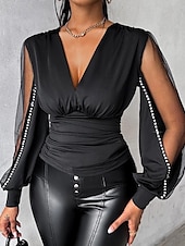 billige Dressy topper-Dame Bluse Helfarge Stilfull Moderne Langermet V-hals Vanlige topper Arbeid Daglig Netting Lapper Svart Rød Lilla Brun Høst Vinter
