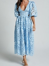 abordables Robes en dentelle blanche-Femmes Mini Robe Robe Blanche Robe trapèze Robe bohème Élégant Manches bouffantes robe demoiselle d honneur Date Coupe régulière Couleur Unie Uni Demi Manches Col en V Noir Blanche Jaune Bleu Été