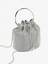 cheap Clutches &amp; Evening Bags-Women&#039;s Sparkling Silver Rhinestone Bucket Bag with Metal Ring Handle | Glamorous Accessory for Evening Parties and Special Occasions