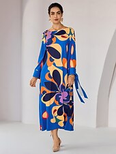 tanie drukowana sukienka na co dzień-luźna, kwiatowa, jesienna sukienka midi z okrągłym dekoltem i eleganckim, swobodnym wzorem