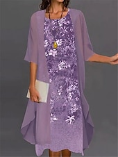 abordables Ensembles de robes-Femme Robe Ensemble Robe casual Robe imprimée Mode Moderne Floral Imprimer Robe mi-longue Manches 3/4 Col Ras du Cou Extérieur Rendez-vous Bleu Violet Vert Automne Ample