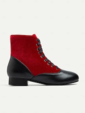 tanie Buty vintage-damskie wiktoriańskie botki sznurowane w kolorze czerwonym i czarnym z kontrastowym zamszem i skórą - buty na płaskim obcasie inspirowane stylem vintage na cosplay i formalne imprezy