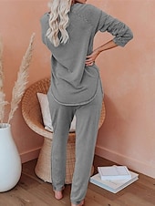 billiga Sovkläder till damer-pyjamasset för kvinnor ren färg mode grundläggande komfort hem daglig säng andas rund hals långärmad byxficka resår midja höst vinter hem outfits