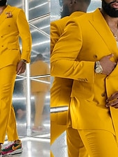 voordelige Casual pakken-Heren Trouwaanzuiten Geel Rood Dagelijks Zakelijk Effen Kleur Plus Size 2-delig Dubbel geknoopt Zes knopen