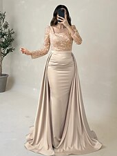 preiswerte Sekt-Meerjungfrau Abendkleid Elegantes Kleid Formelles Bodenk Länge Langarm Illusion-Ausschnitt Champagner Mutter der Braut Kleid Pailletten mit Perlen Überrock 2025