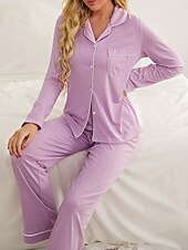 preiswerte Damen Schlafanzüge-Damen-Pyjama-Sets in reiner Farbe, modisch, Basic-Komfort für zu Hause, tägliches Bett, atmungsaktives Revers, langärmeliges Hemd, Hose, Knopftasche, Herbst-Winter-Home-Outfits