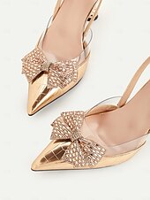 economico Formale-scarpe col tacco da donna con cinturino posteriore trapuntato in oro e dettaglio fiocco - lussuoso design a punta per un elegante abbigliamento da sera