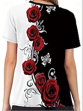 preiswerte Blumen-T-Shirt-Damen T-Shirt lässig Blumendruck Kurzarm normale Oberteile Rundhals täglich schwarz und weiß Sommer