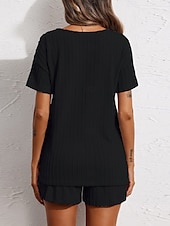 abordables Conjunto de pijama-Conjunto de pijama para mujer, color puro, informal, cómodo, para el hogar, uso diario, licra, cómodo, con escote en V, manga corta, pantalón, cintura elástica, conjuntos de verano para el hogar